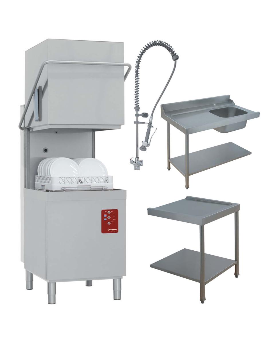Lave-vaisselle modèle à capot - Panier 50 x 50 CM - Douchette prélavage - Table évier gauche - Table évacuation droite - Diamant - DCS9/6/B-S