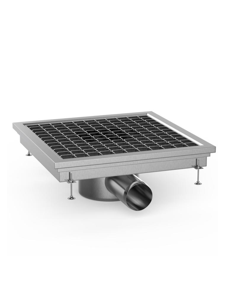 Caniveau/avaloir pour siphon de sol - Avec sortie latérale - Inox - 30 x 30 x 13,5 CM - Ø7 CM - G-Line