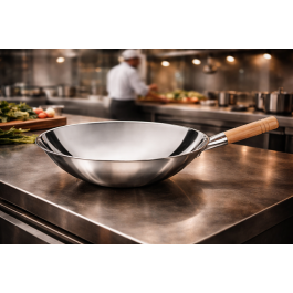 Wok - Manche en bois - Poli - Acier inoxydable - Ø 40 x H 12 cm - G-Line