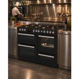 Cuisinière à gaz - 7 brûleurs - 2 fours électriques - Gril - Rangement - Noir - 400V - G-Line