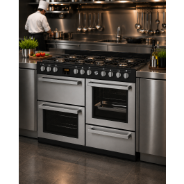 Cuisinière à gaz - 7 brûleurs - 2 fours électriques - gril - rangement - inox - 400V - G-Line