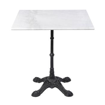 Table carrée à 4 pieds en marbre blanc et fonte, dimensions : H 72 x L 70 x P 70 cm, collection G-Line.
