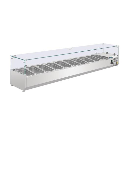 Vitrine réfrigérée - 10 x GN 1/4 - H 43,5 x 200 x 33 CM - 230 V - Inox - Polar - G611 G611 €569.45 Vitrine en verre