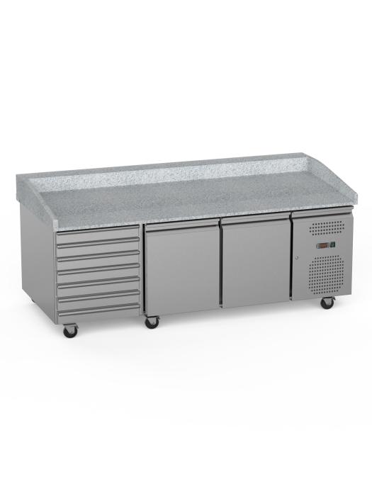 Etabli à pizza - 2 portes - 7 tiroirs - 580 L - inox - 230V - H 95 x L 202,5 x P 80 CM - G-Line 26268 €1,349.00 Établis à pizza