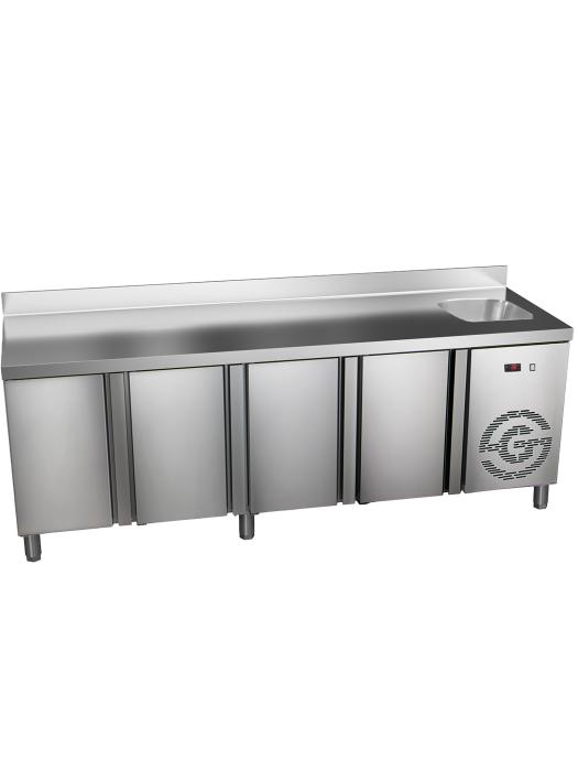 Établi réfrigéré - 4 portes - Évier - Bord surélevé - 285 litres - 230 V - H 85 x L 224 x P 70 cm - G-Line HW-75439 €1,599.00 Établis réfrigérés
