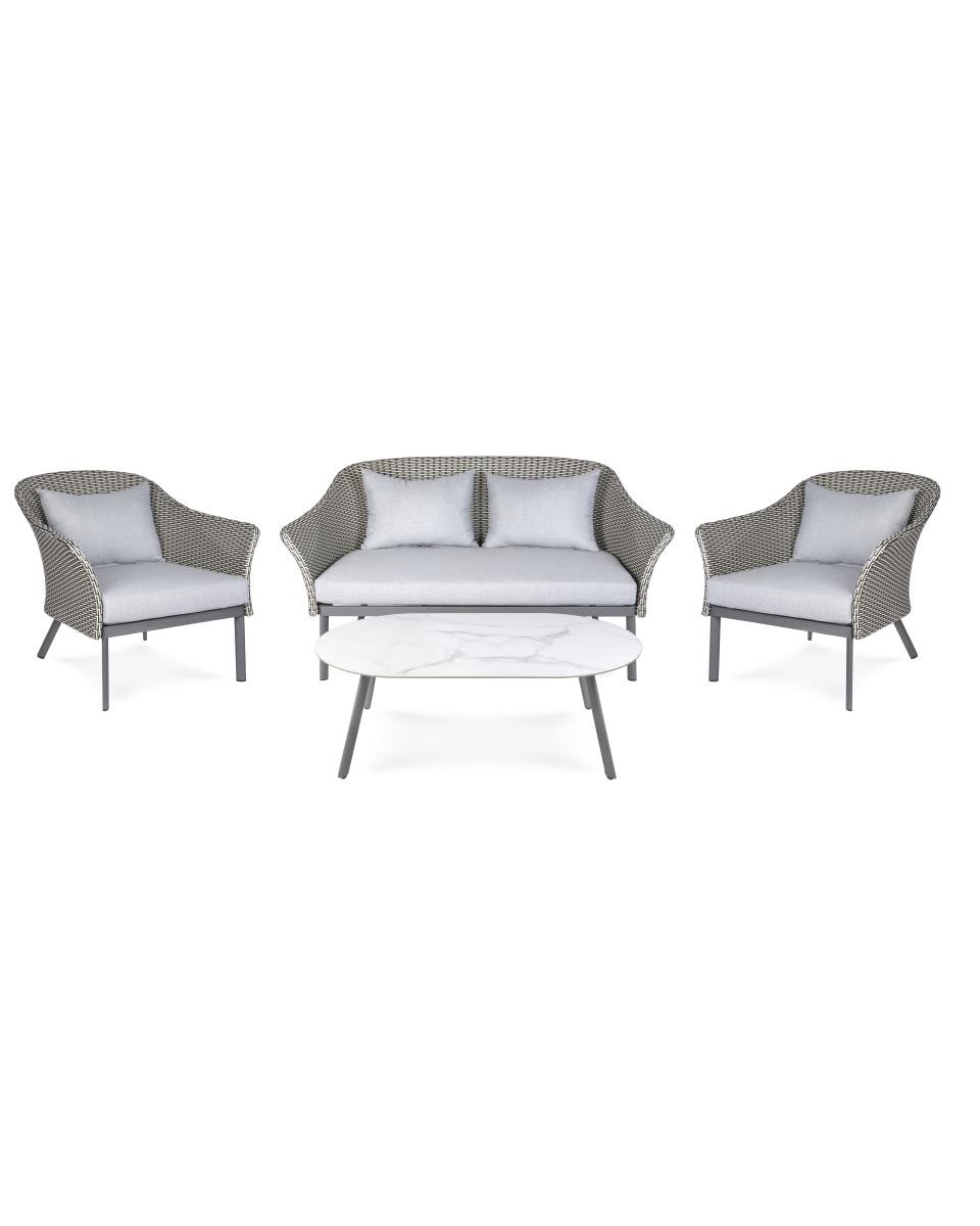 Ensemble de salon Rio - 4 pièces - Structure aluminium noir - Rotin / Noir / Blanc - G-Line