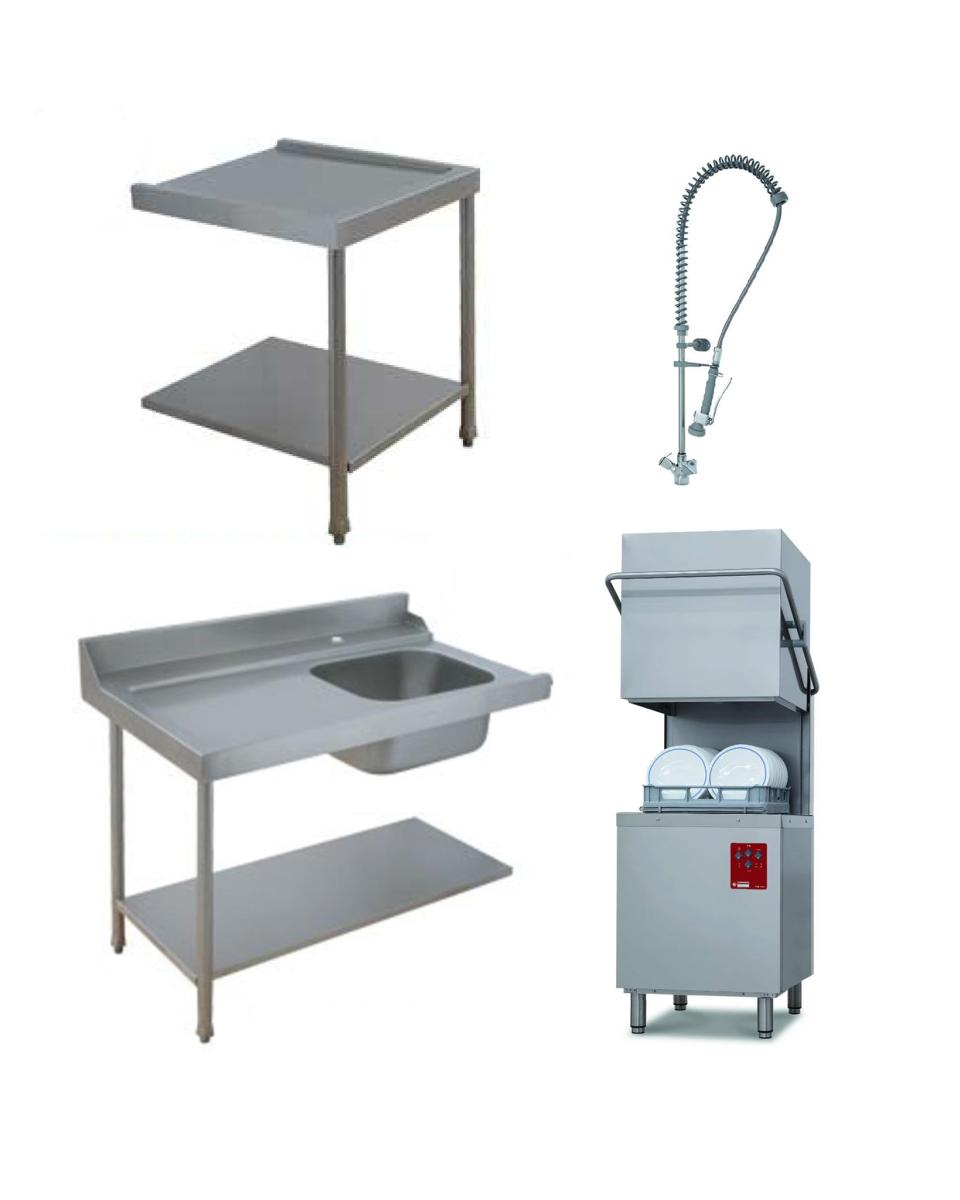 Modèle hotte lave-vaisselle - Break tank - Panier 50 x 50 CM - Douchette prélavage - Table évier gauche - Table évacuation droite - Diamant - D26/6B/B-S
