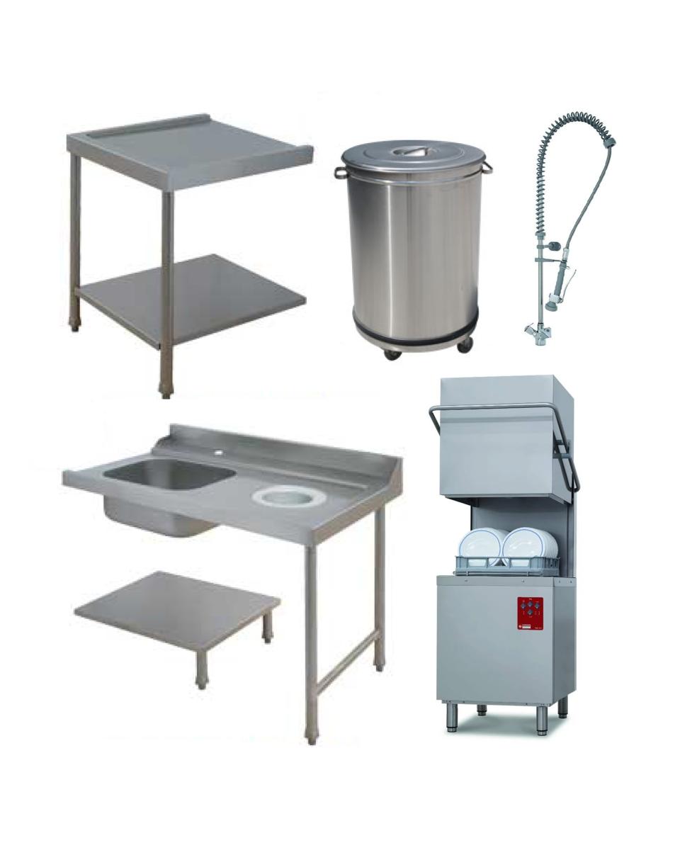 Modèle hotte lave-vaisselle - Break tank - Panier 50 x 50 CM - Douchette prélavage - Table évier à droite - Table vidange à gauche - Poubelle 50 Litre - Diamant - D26/6B/C-D