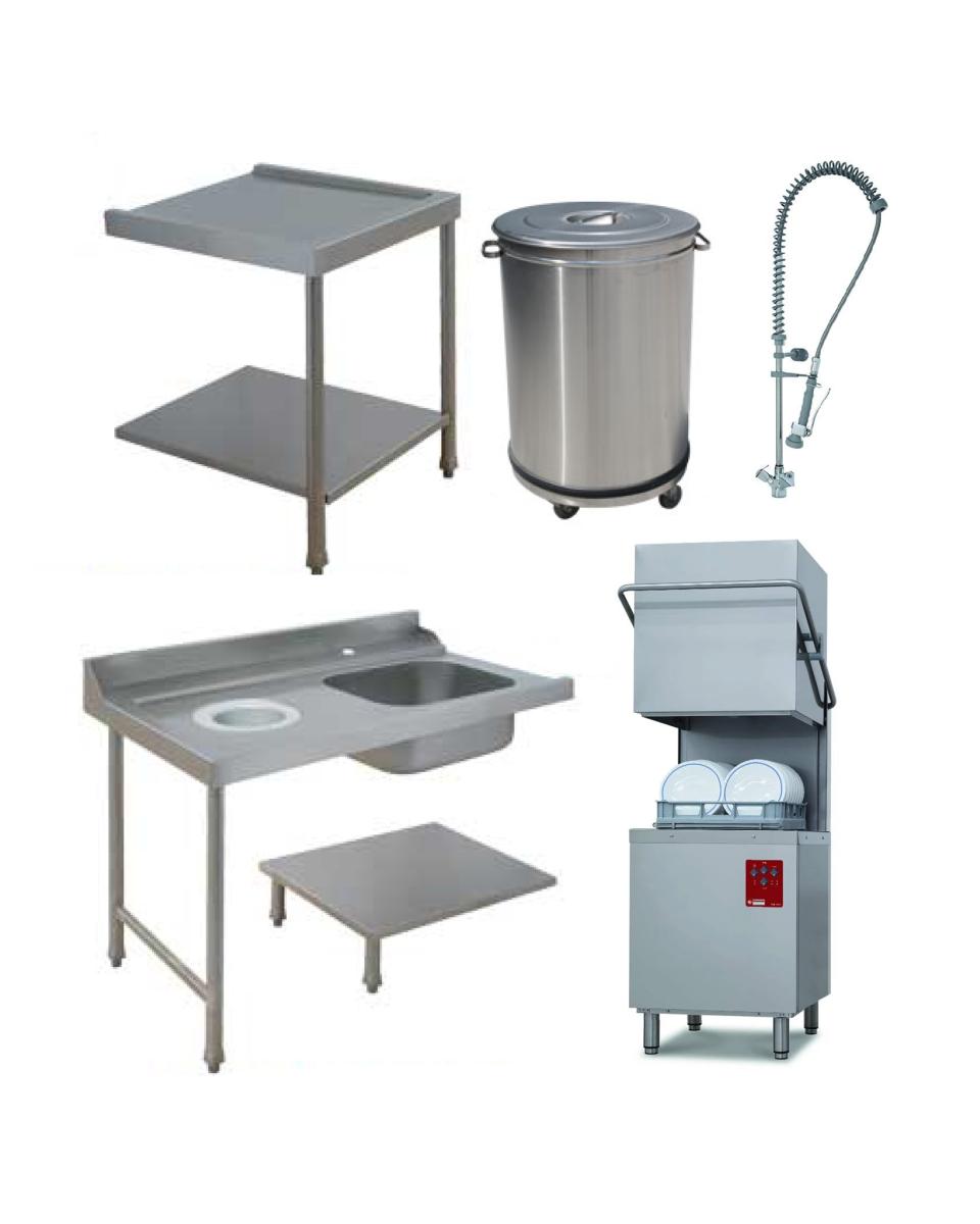 Lave-vaisselle modèle capot - Break tank - Panier 50 x 50 CM - Douchette prélavage - Table évier gauche - Table évacuation droite - Poubelle 50 Litre - Diamant - D26/6B/C-S