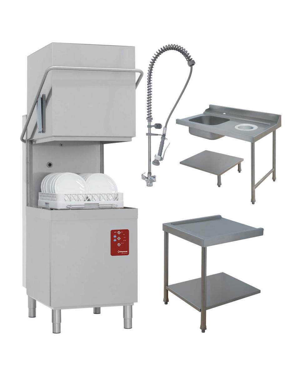 Modèle hotte lave-vaisselle - Panier 50 x 50 CM - Douchette prélavage - Table évier à droite - Table de vidange à gauche - Poubelle 50 Litre - Diamant - DCS9/6/C-D