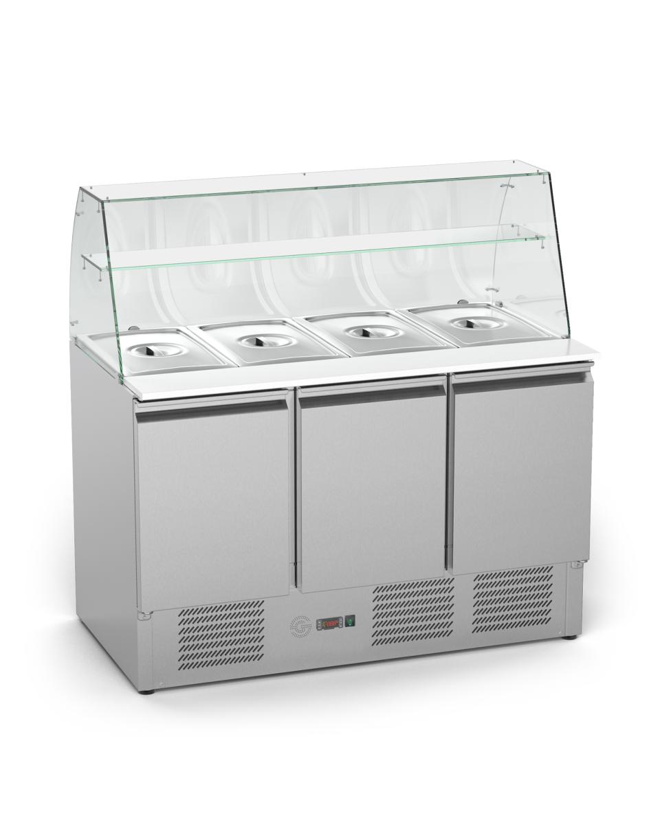 Saladette - 3 portes - H 85 x 136,5 x 70 CM - 368 Litres - Inox - Construction en verre - G-Line