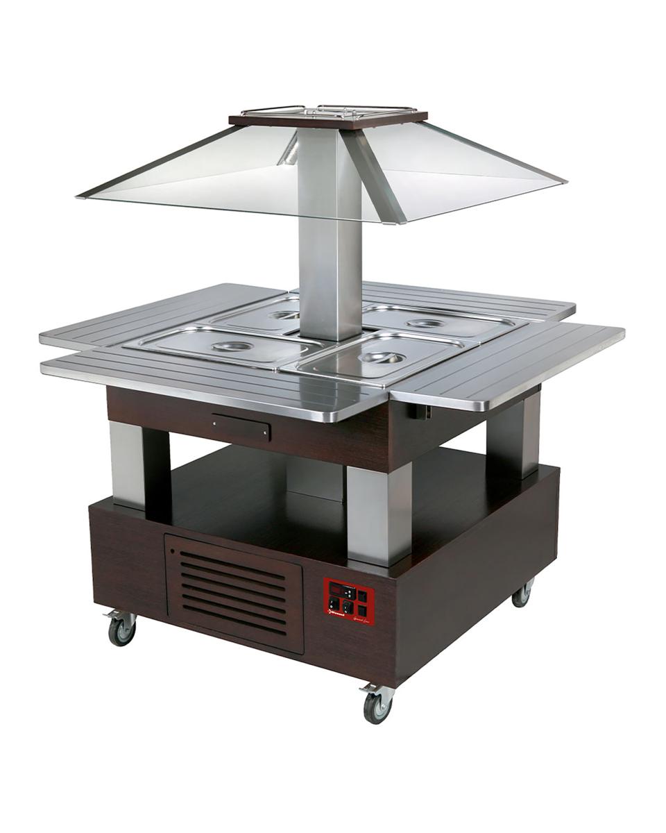 Buffet Chaud - Îlot - 4 x 1/1 GN - Dôme Motorisé - Bois Wengé - H 154 x 143,5 x 104 CM - Diamant - CBM/4D-B1_KM
