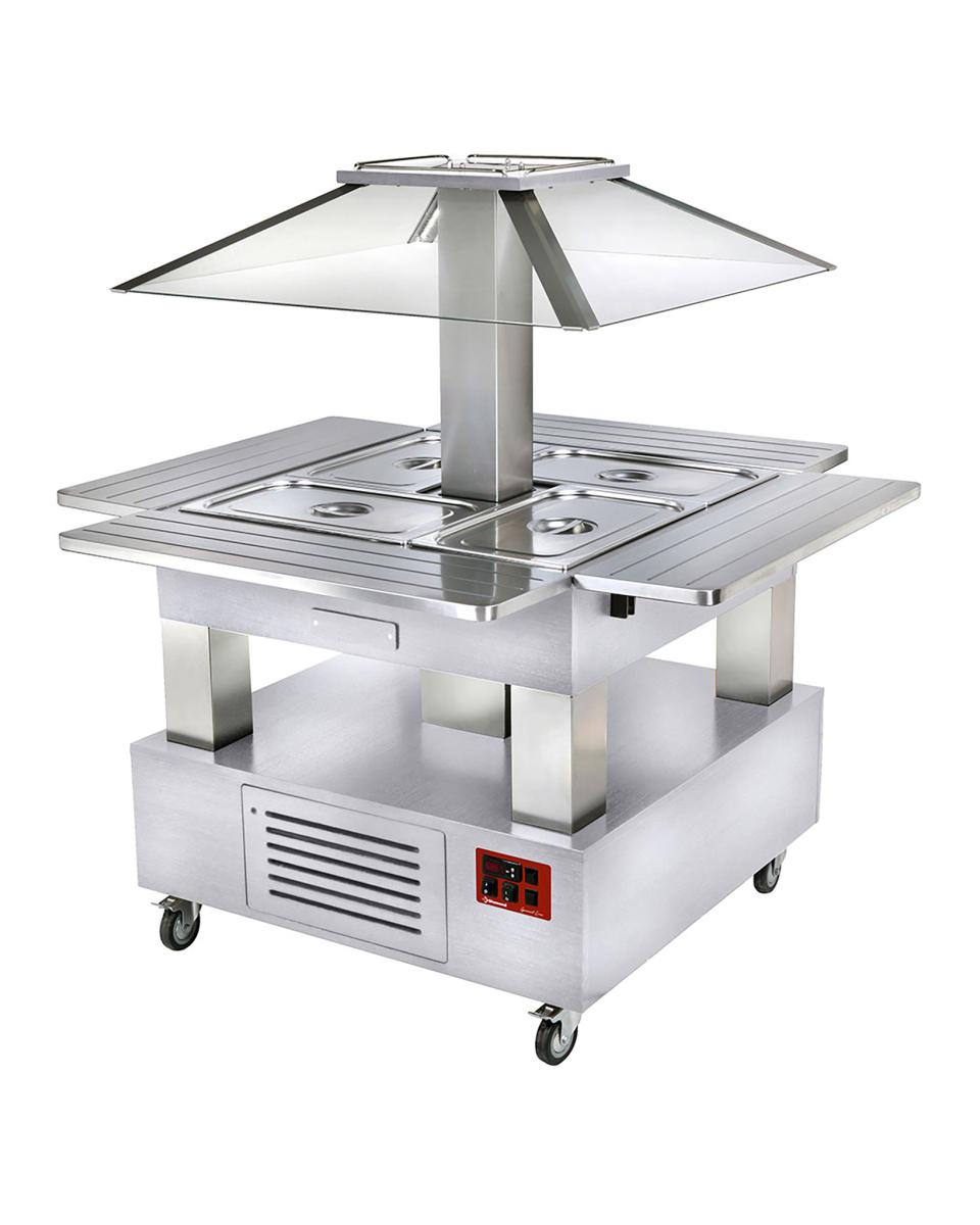 Buffet Chaud - Îlot - 4 x GN 1/1 - Dôme Motorisé - Bois Blanc - H 154 x 143,5 x 104 CM - Diamant - CBM/4D-A1_KM