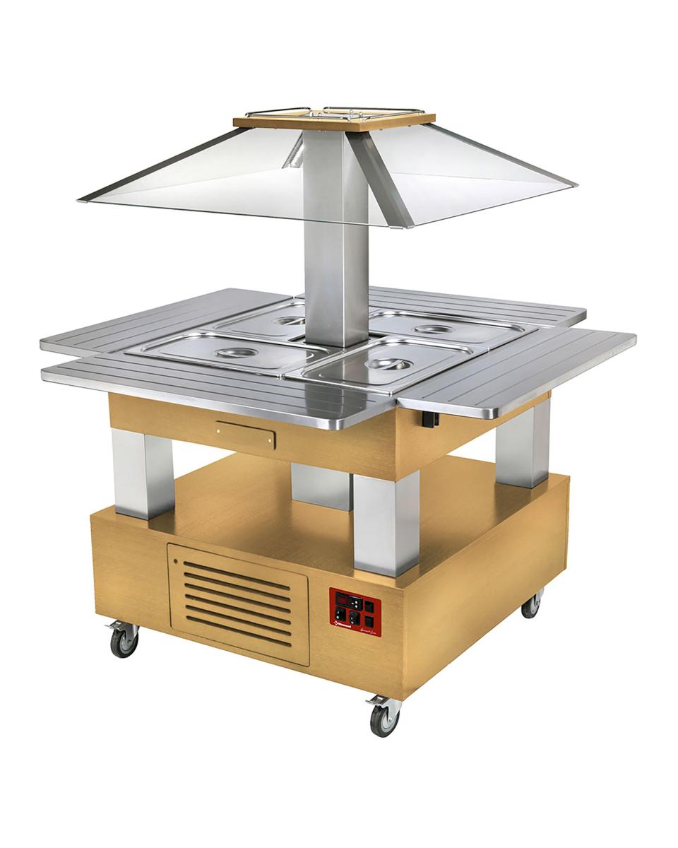 Buffet Chaud - Îlot - 4 x GN 1/1 - Dôme Motorisé - Bois de Chêne - H 154 x 143,5 x 104 CM - Diamant - CBM/4D-D1_KM