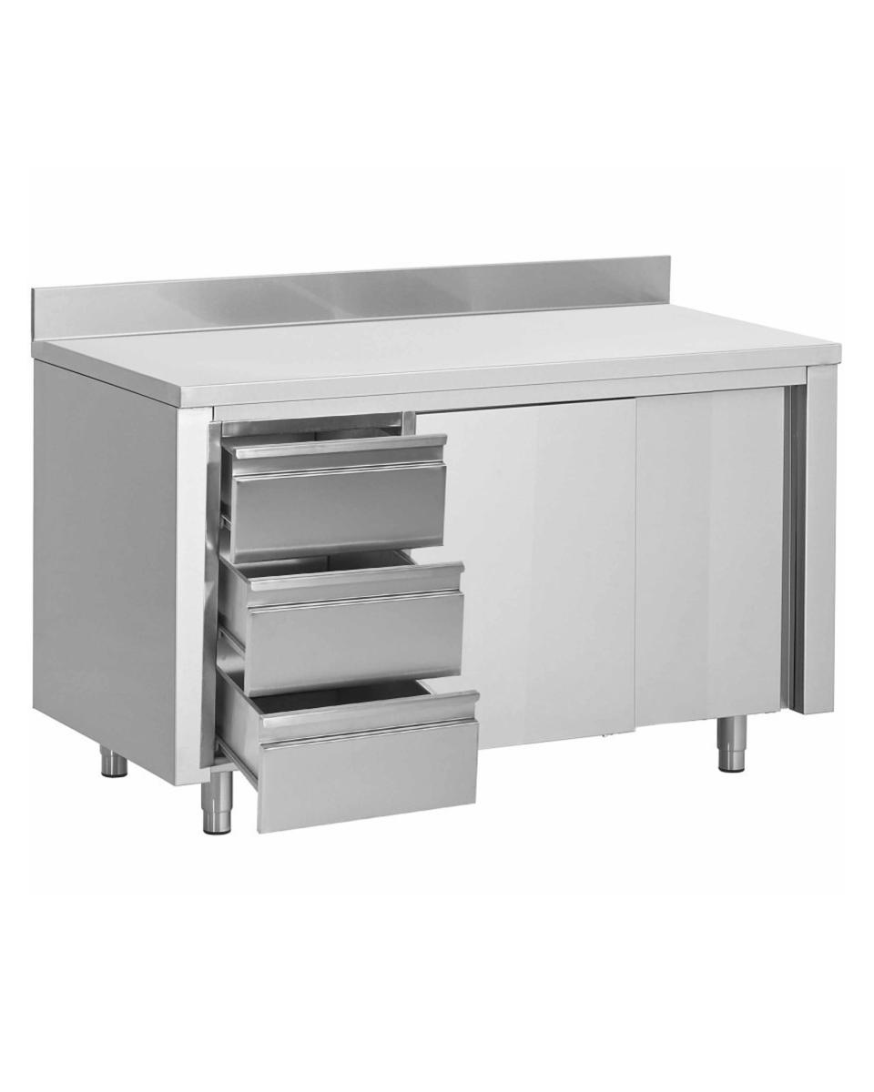 Table de Travail Inox Fermée - Portes Coulissantes - Caisson à Tiroirs Gauche - Bloc de Bord Montant 10 CM - G-Line