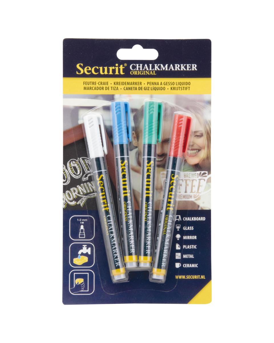 Marqueur craie - Liquide - 1-2mm - 4 pièces - H 22,5 x 12,5 x 1,6 CM - Bleu/Rouge/Vert/Blanc - Securit - BL-SMA100-V4-COL