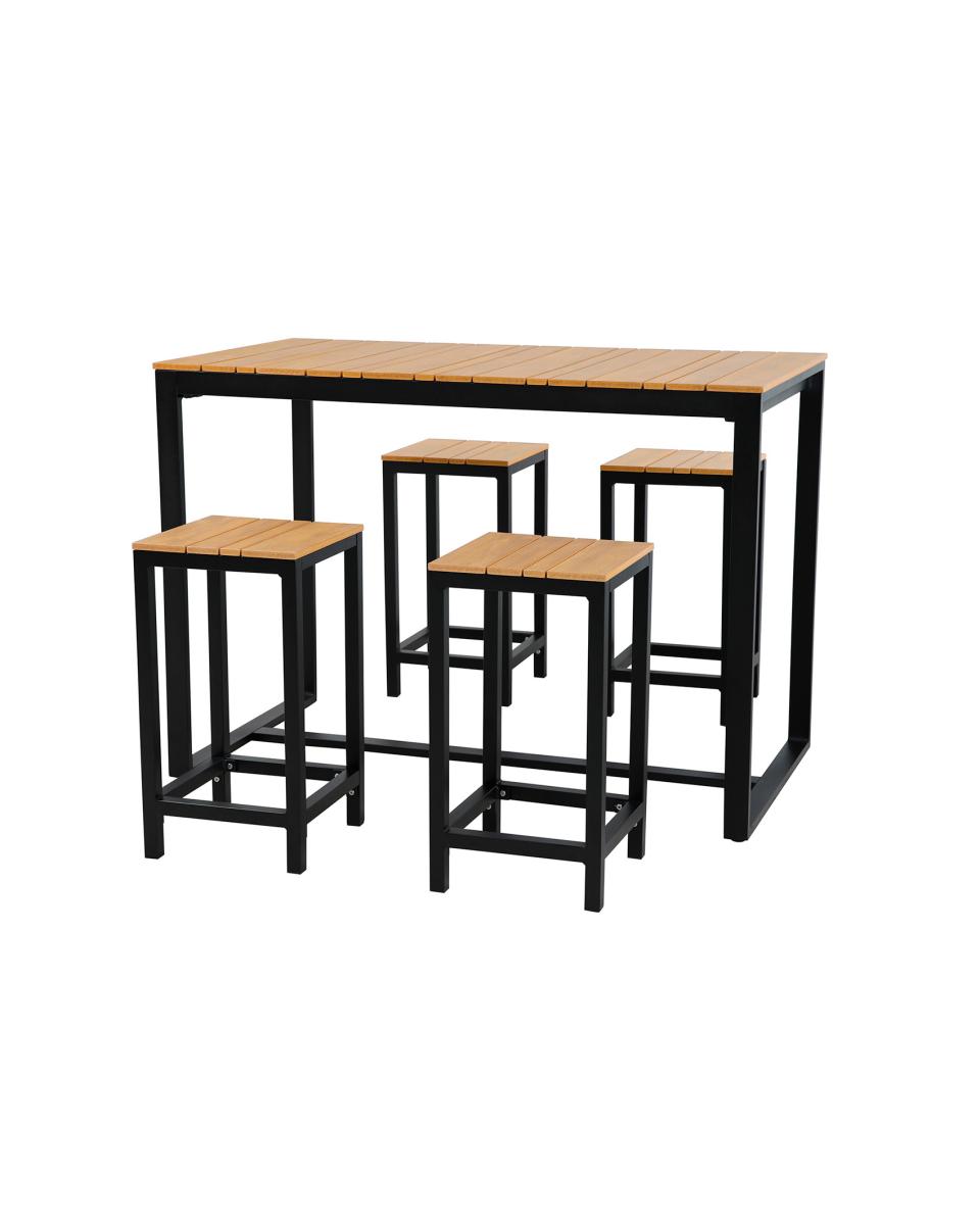 Salon de bar de terrasse - Haut - Structure aluminium anthracite - Plateau polywood - 130 x 70 x H 110 / 80 CM - Comprenant 4 tabourets de bar - G-Line