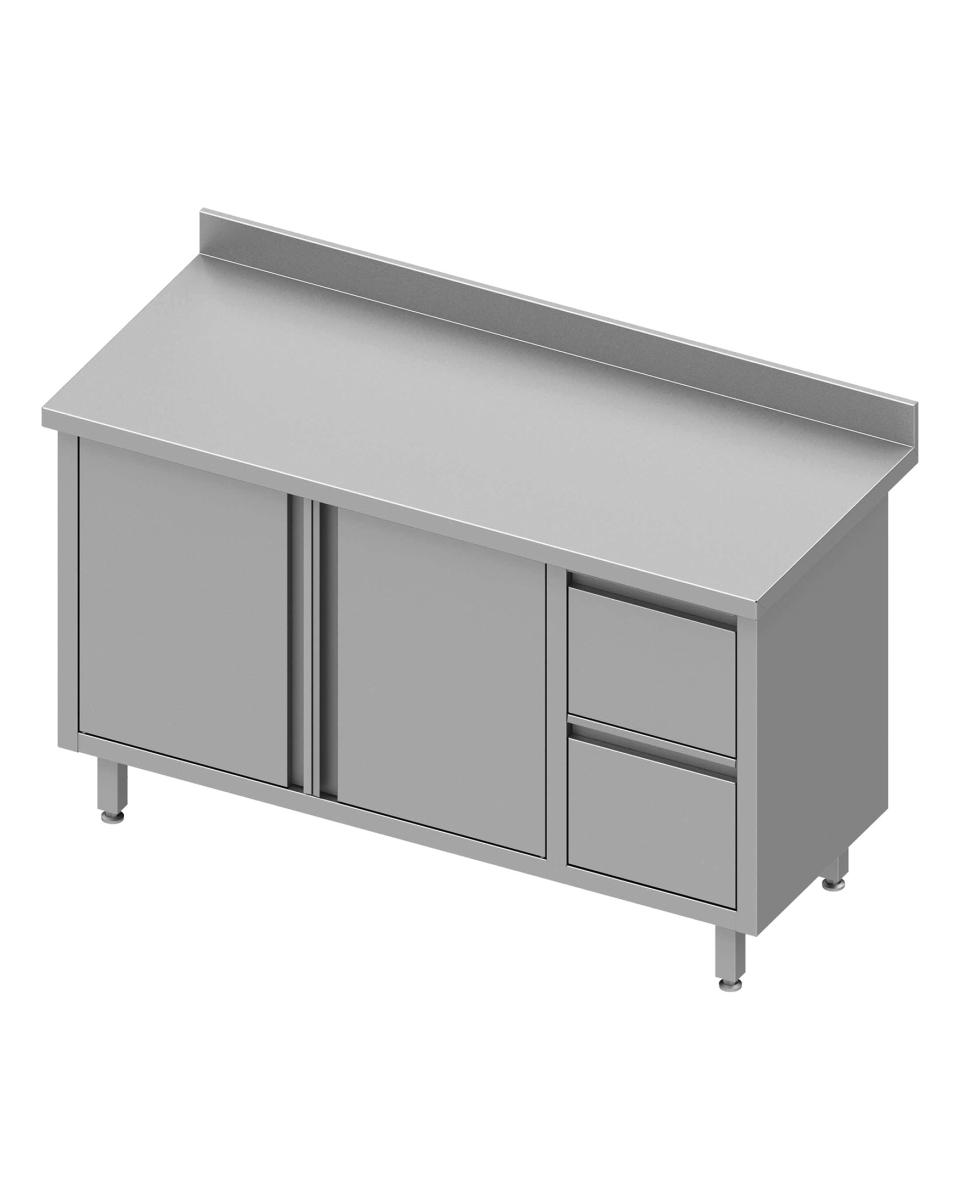 Table de travail fermée en inox - Portes battantes - 2 tiroirs à droite - Rebord relevé 10 cm - G-Line