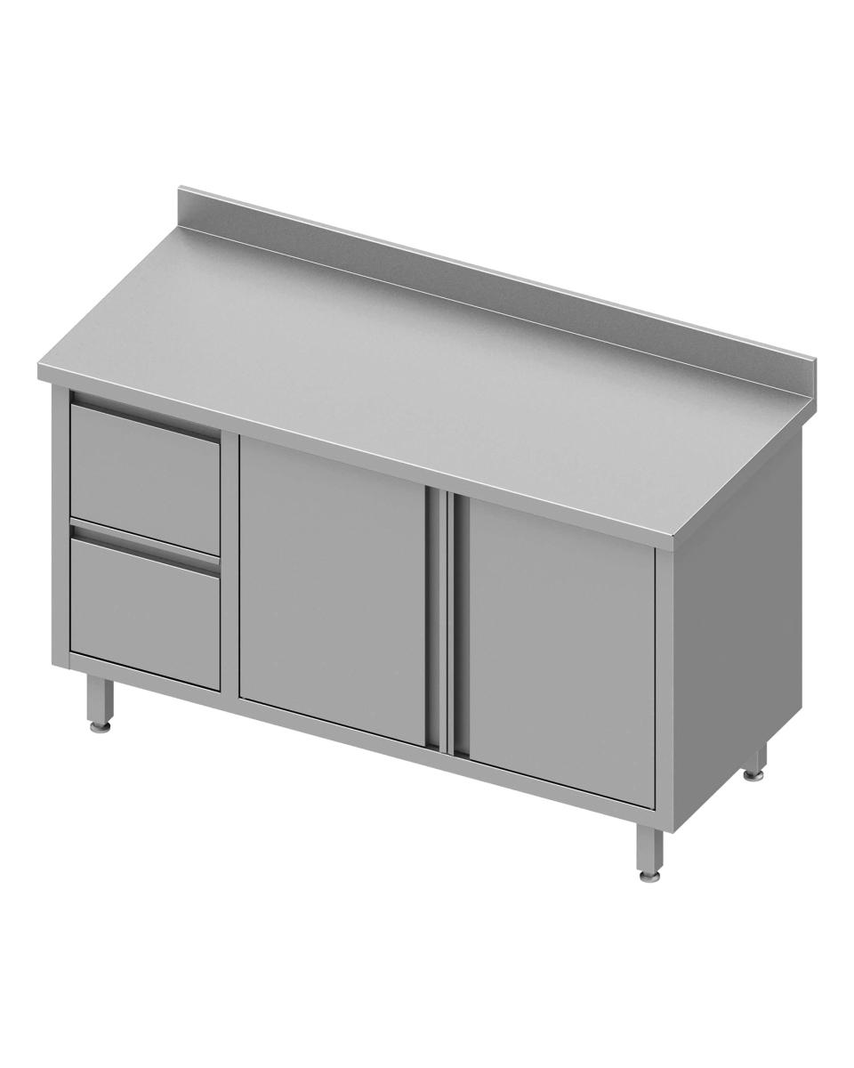 Table de travail fermée en inox - Portes battantes - 2 tiroirs à gauche - Rebord relevé 10 cm - G-Line