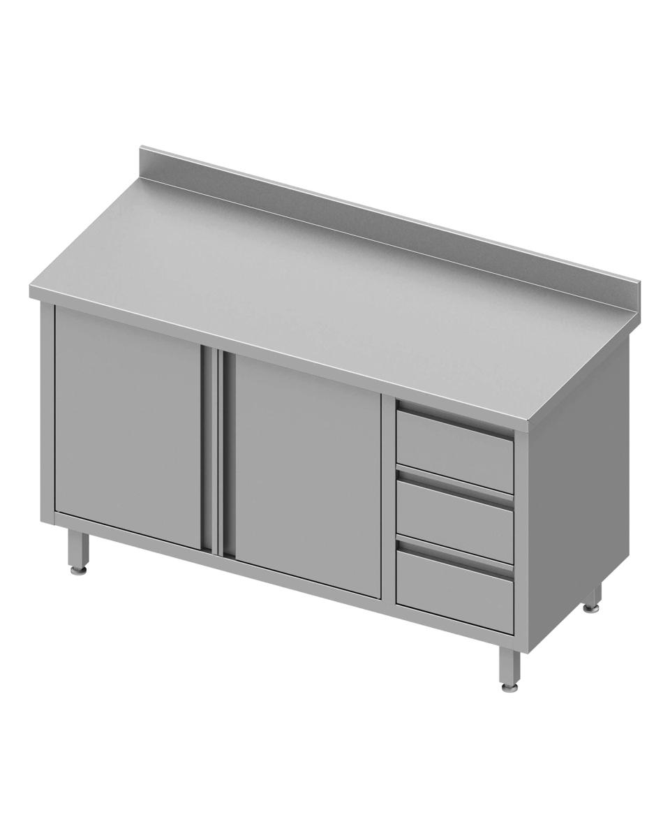 Table de travail fermée en inox - Portes battantes - 3 tiroirs à droite - Rebord relevé 10 cm - G-Line