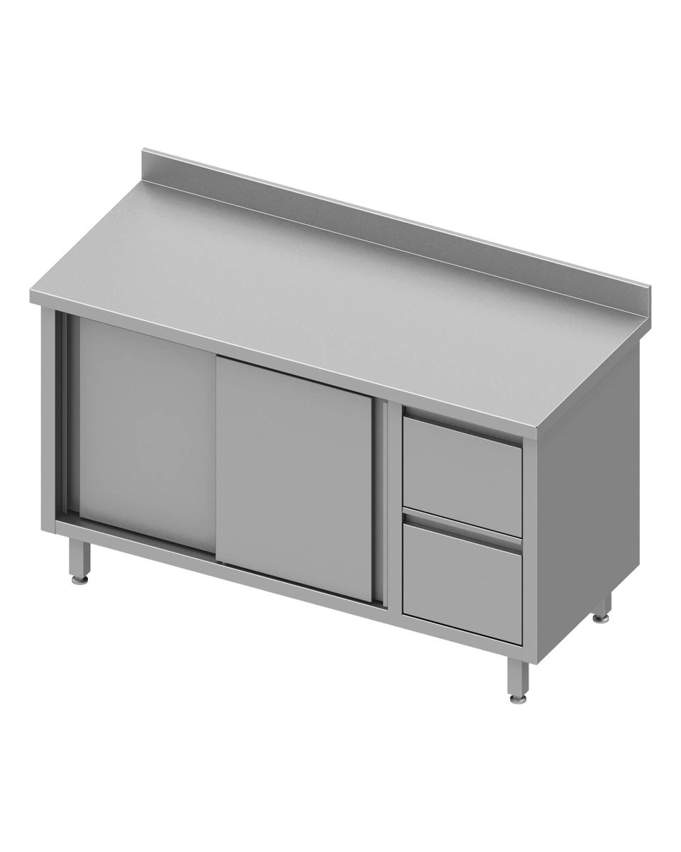 Table de travail fermée en inox - Portes coulissantes - 2 tiroirs à droite - Rebord relevé 10 cm - G-Line