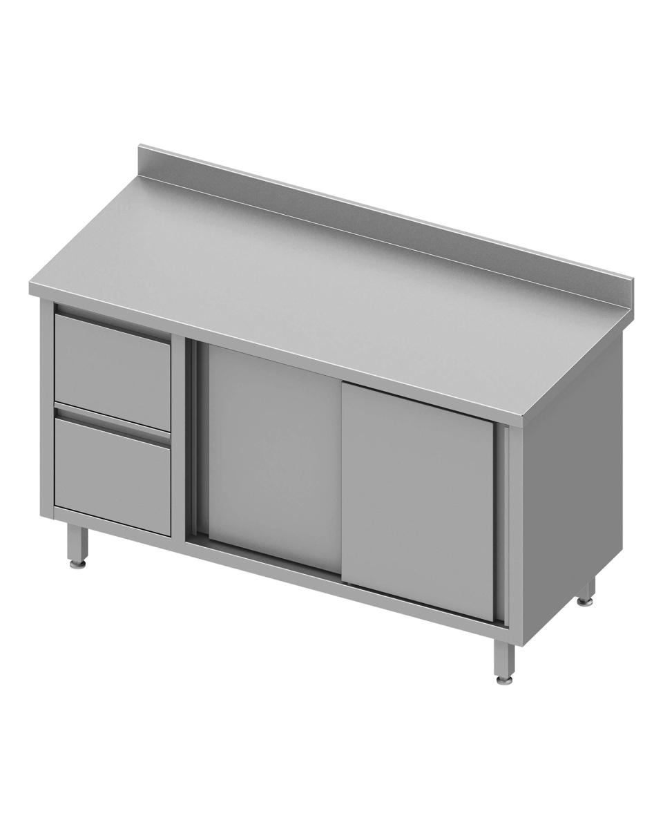Table de travail fermée en inox - Portes coulissantes - 2 tiroirs à gauche - Rebord relevé 10 cm - G-Line