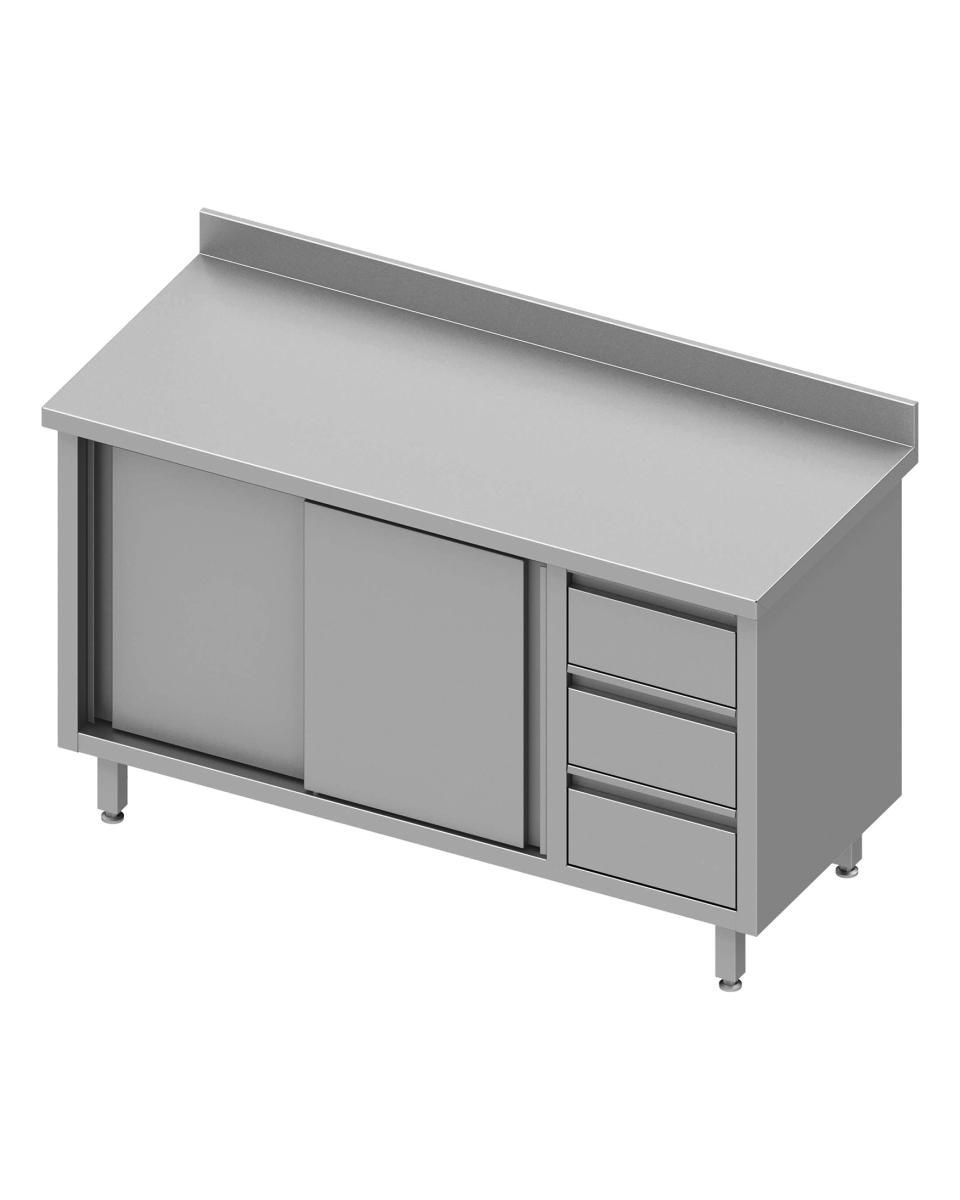 Table de travail fermée en inox - Portes coulissantes - 3 tiroirs à droite - Rebord relevé 10 cm - G-Line