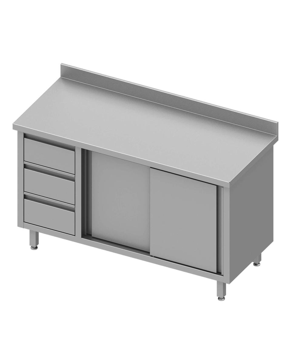Table de travail fermée en inox - Portes coulissantes - 3 tiroirs à gauche - Rebord relevé 10 cm - G-Line